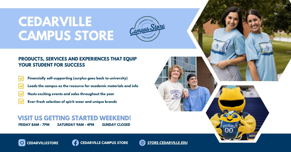 A quick summary of the campus store with social links and Getting Started hours.