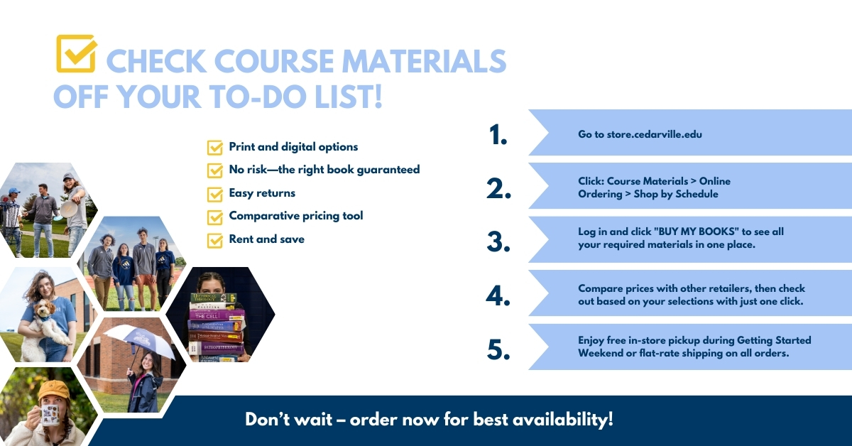 A how-to infographic on ordering your course materials on the campus store site.