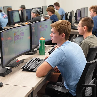 Two students looking at tables on computer screens.