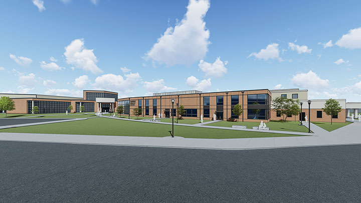Artist rendering of brick and glass addition to the Callan Athletic Center