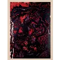 Abstract artwork with deep reds and purples depicting a face wearing a crown of thorns.