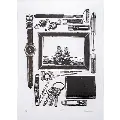Detailed black and white drawing of various personal items like a watch, keys, wallet, and framed photograph of two people.