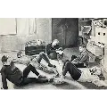Black and white drawing of five students in dorm room that fell asleep while studying.