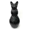 Textured sculpture of a black cat with detailed fur and an alert expression on its face.
