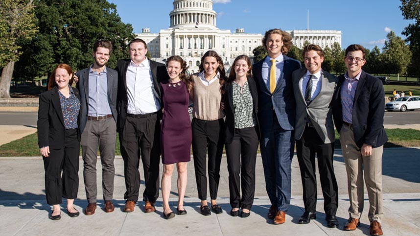 Cedarville University students standing in front of the U.S. Capitol Building.