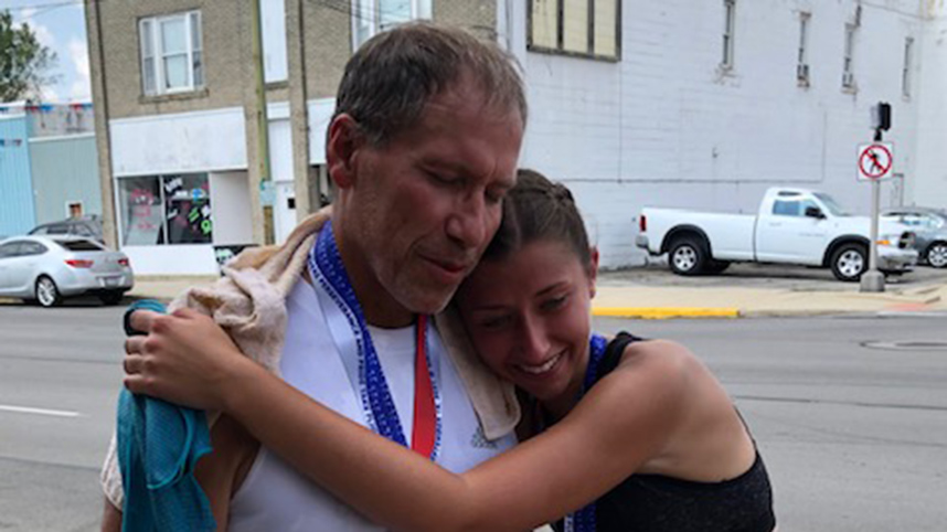 Bryan and Arielle Wenig share a congratulatory hug at the end of the race.