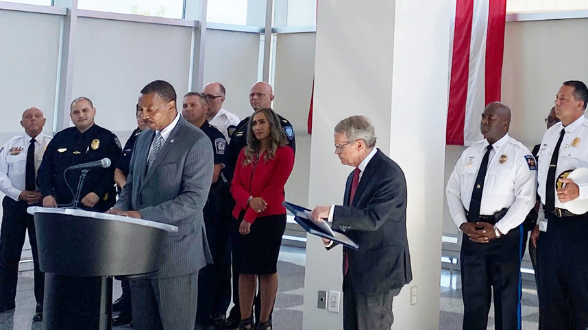 Dr. Patrick Oliver speaking at the Governor's news conference June 23, 2021, announcing the College to Police Pathway Program
