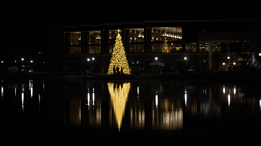 Campus Christmas Tree from across Cedar Lake 858