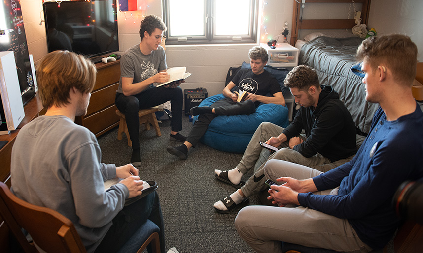 Discipleship groups gather to study the Bible in dorm rooms across the campus of Cedarville University.