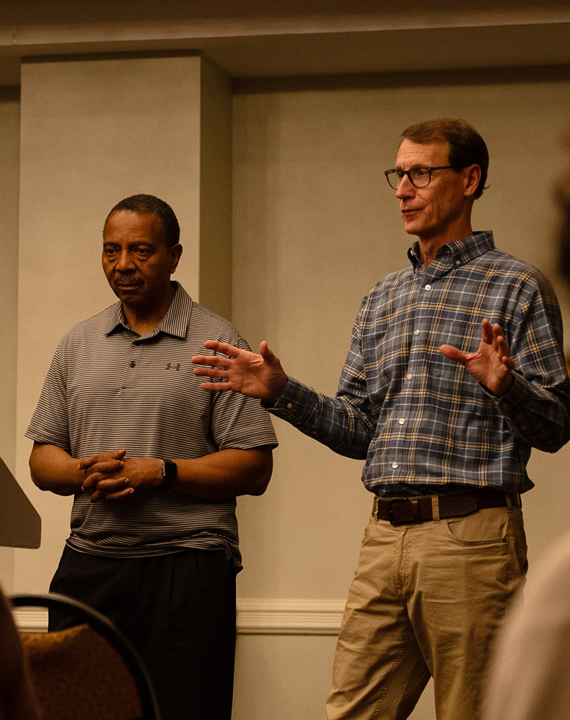 Dr. Patrick Oliver and Dr. Robert Clark lecturing in Memphis. The civil rights tour was interspersed with lectures both on the road and at significant locations.