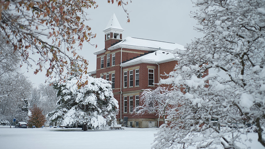 Founder's Hall on the campus of Cedarville University is covered in a blanket of winter snow.