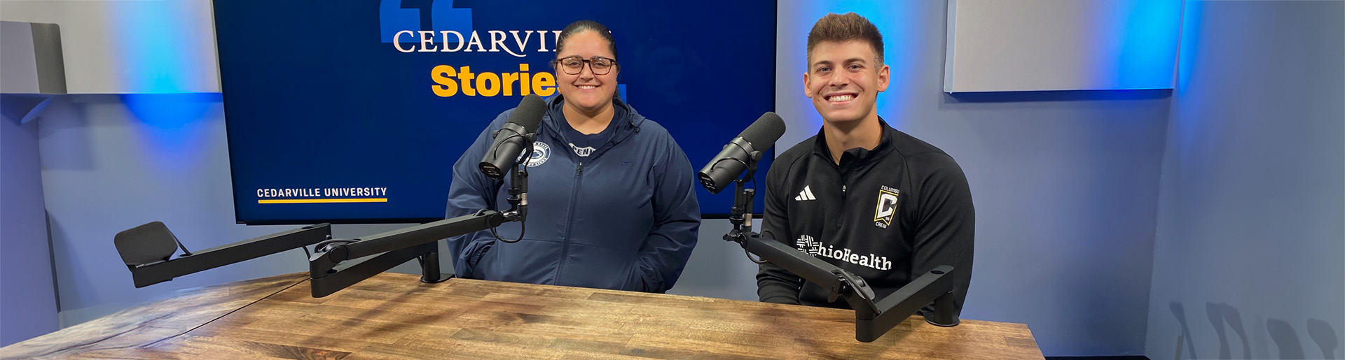 Lauren Barnes and Jacob Bonville are all smiles as the appear on the Cedarville Stories Podcast