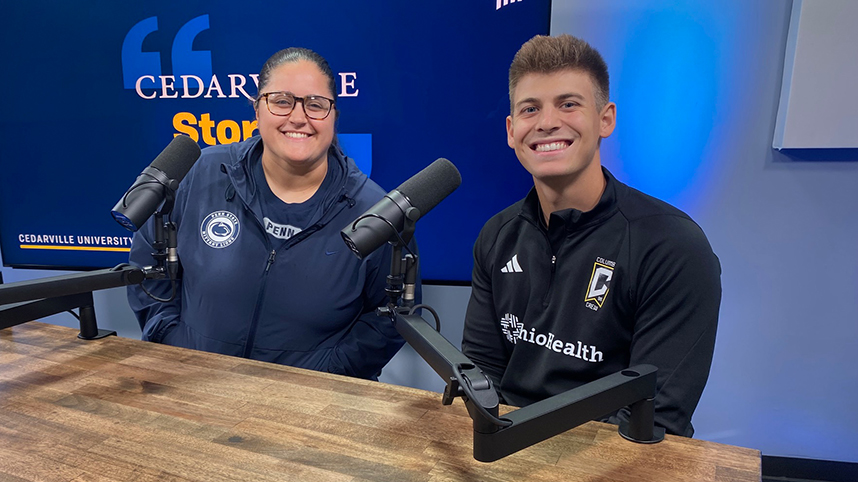 Lauren Barnes and Jacob Bonville are all smiles as the appear on the Cedarville Stories Podcast