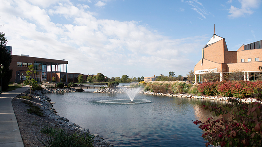 The BTS and Dixon Ministry Center as seen across Cedar Lake on the campus of Cedarville University.