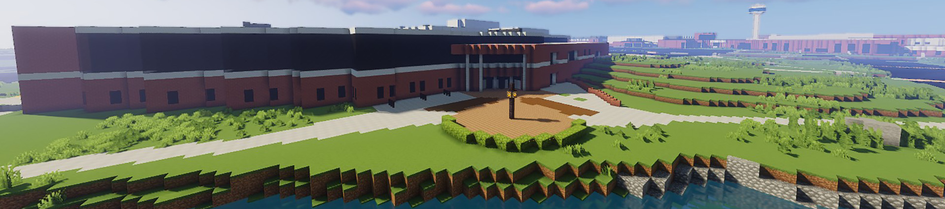 Minecraft image of the SSC and campus of Cedarville University.