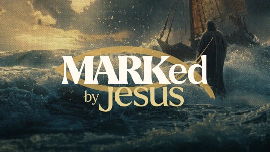 MARKed By Jesus logo in front of graphic of Jesus walking on water.