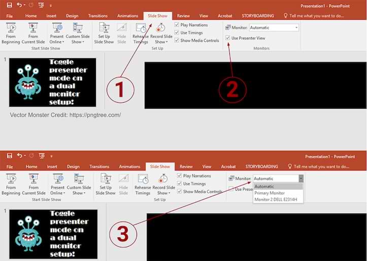 Screenshot of Powerpoint with numbers that coorelate to the instructions and text: Toggle presenter mode on a dual monitor setup!