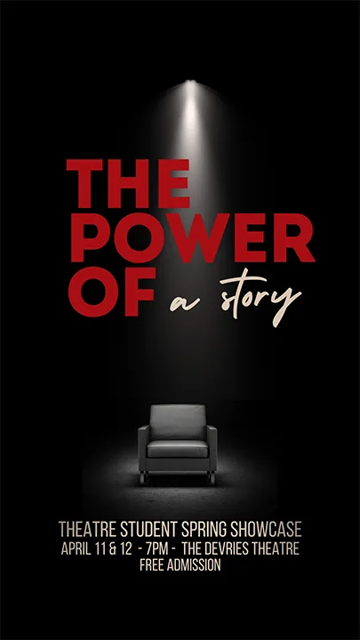 The Power of a Story theatre poster with empty chair in spotlight.